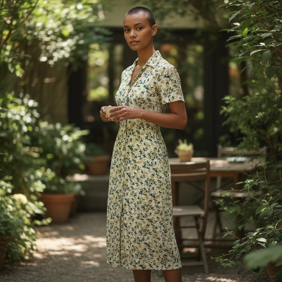 Urban Outfitters Dresses & Skirts - Urban Outfitters Yellow Floral Midi Dress Short‎ Sleeve Button Front Cottagecore